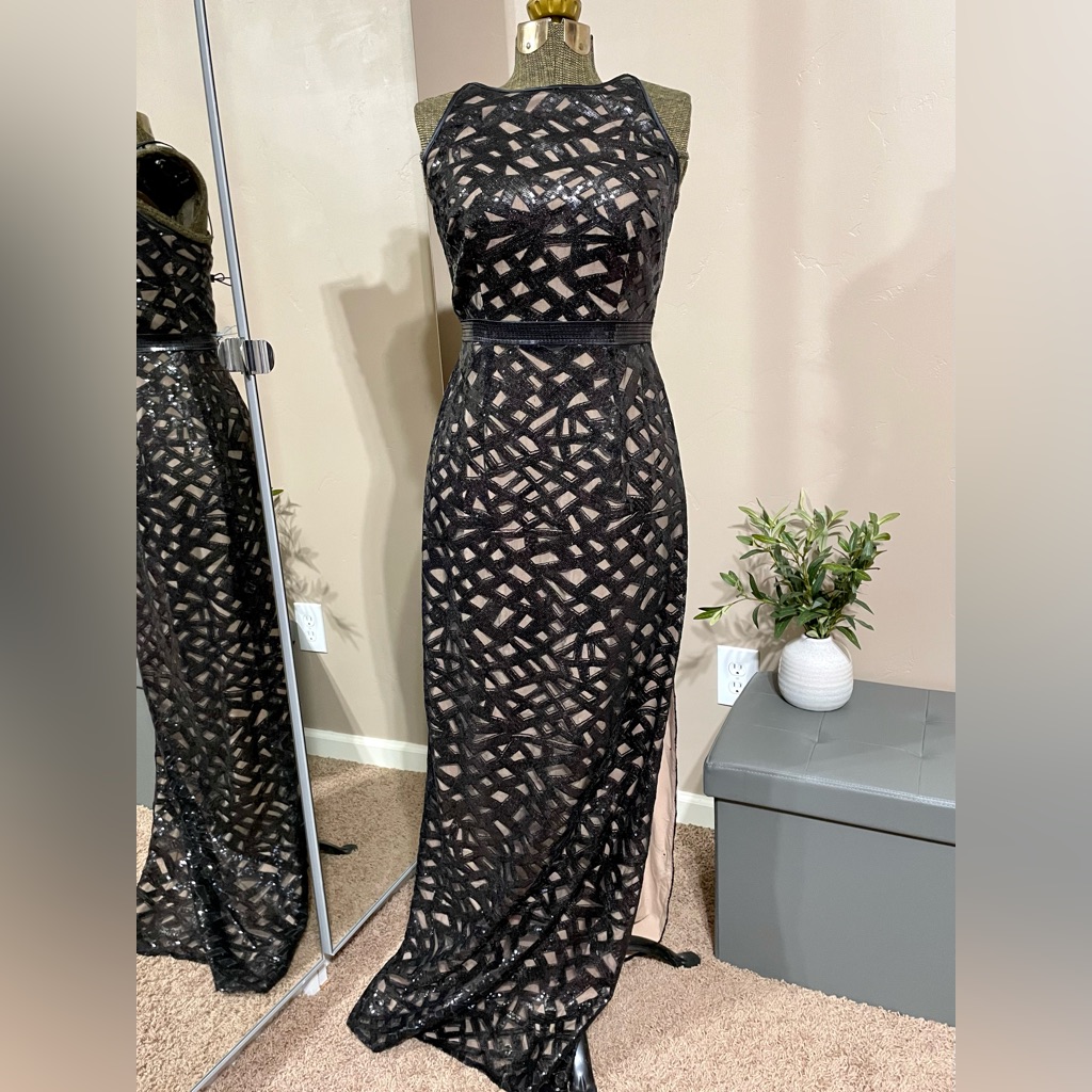 Cache Black Sequin Mesh Overlay Sheath Bodycon Evening Gown Maxi Dress Prom